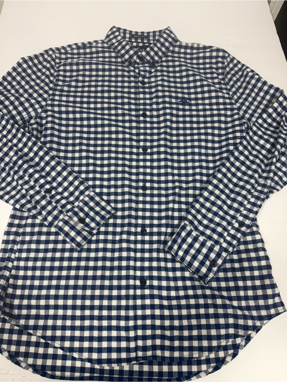 Hollister Navy and White Check Button-Down Shirt